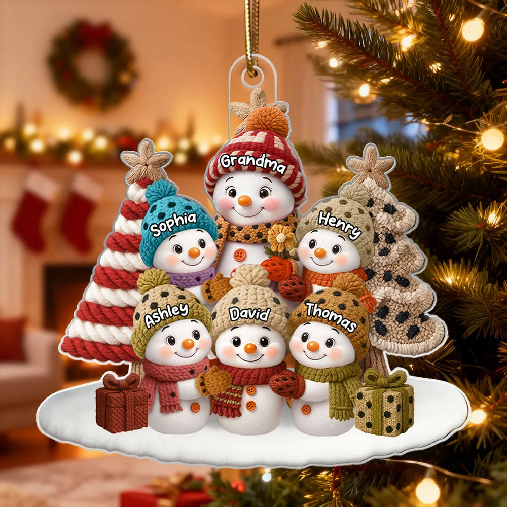 Acrylic Ornament Snowman Grandma & Grandkids, Embroidered-Effect Christmas Tree Decor, Unique Gift for Grandma
