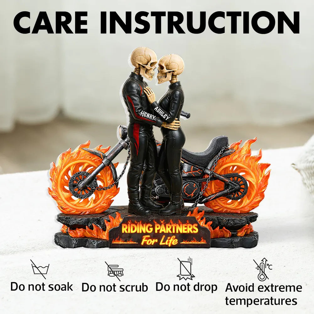 Personalized Shaped Acrylic Block Plaque Skeleton Biker Couple Hugging on Flame Motorcycle, Funny Romantic Gift for Couple