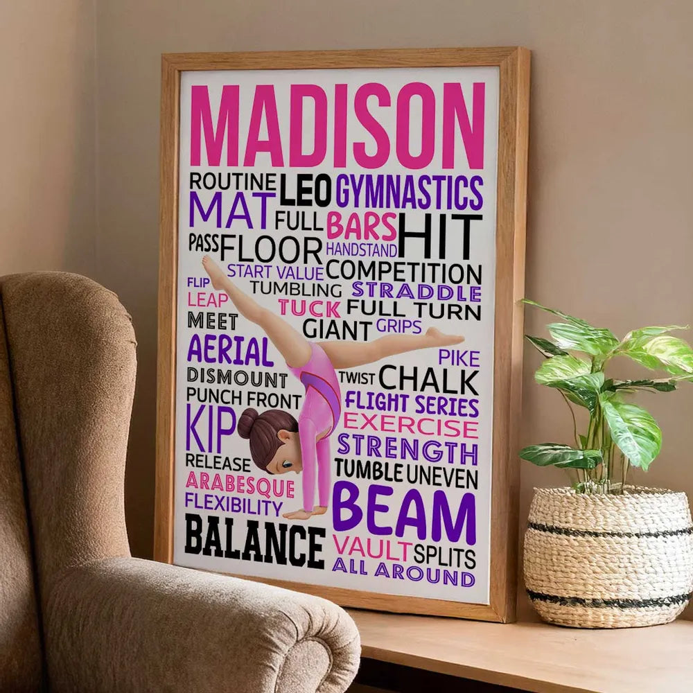 Personalized Gymnast Word Art Poster for a Daughter or Granddaughter, Cartwheel Pose Wall Decor, Unique Gift