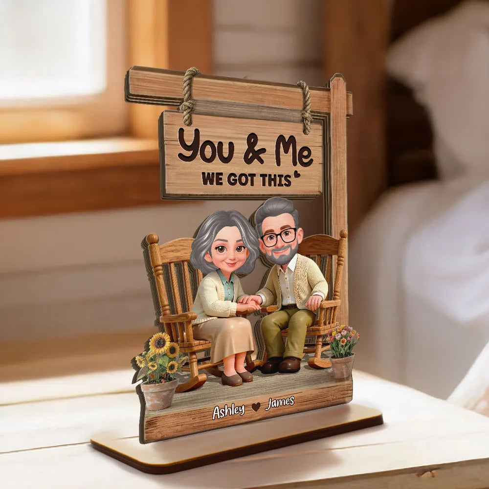 You & Me We Got This Personalized 2-Layer Wooden Plaque Sweet Couple Rocking Chair Scene for Anniversary or Valentine's Day Gift