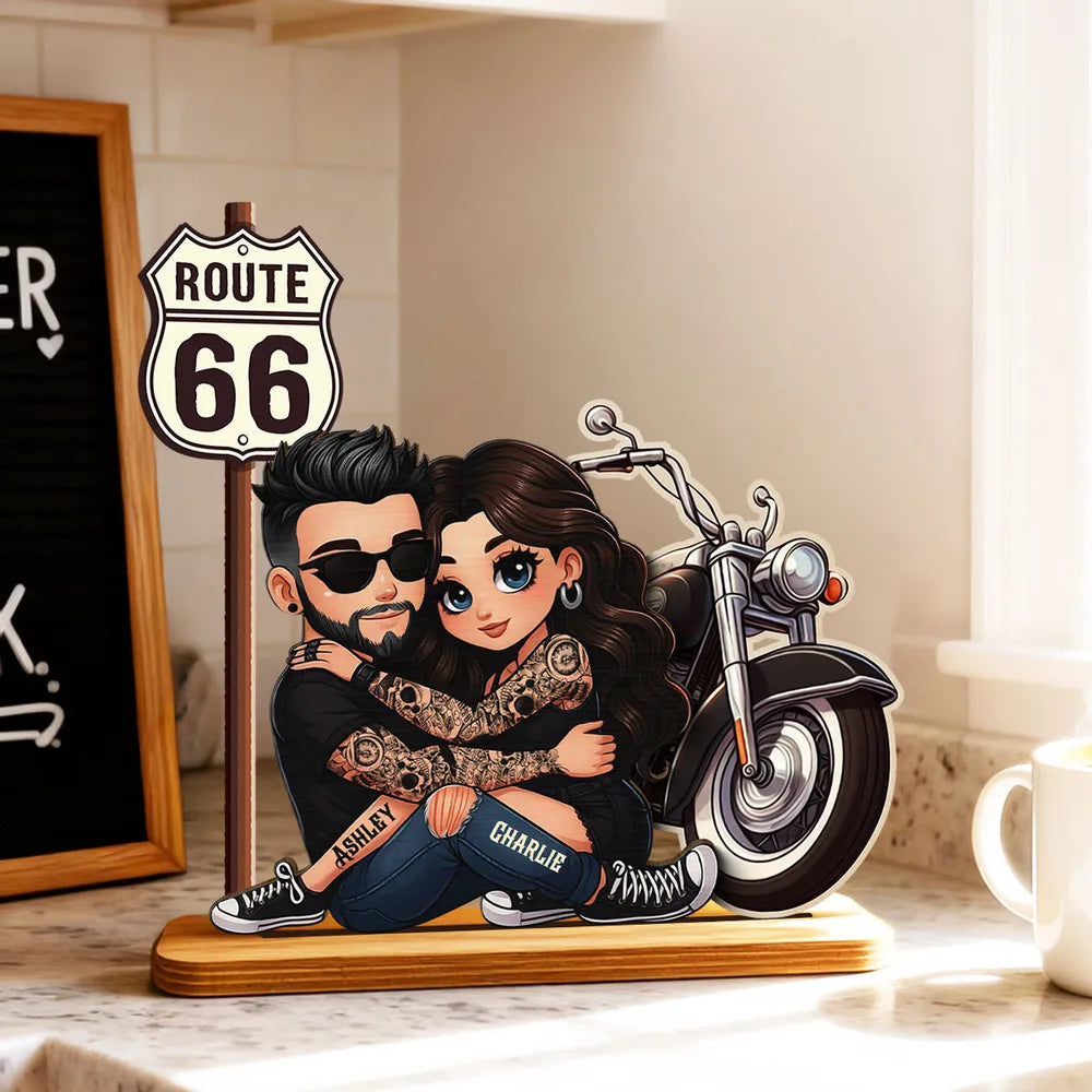 Personalized 2-Layer Wooden Plaque Biker Couple Hugging by Route 66 Motorcycle - Unique Gift For Couples