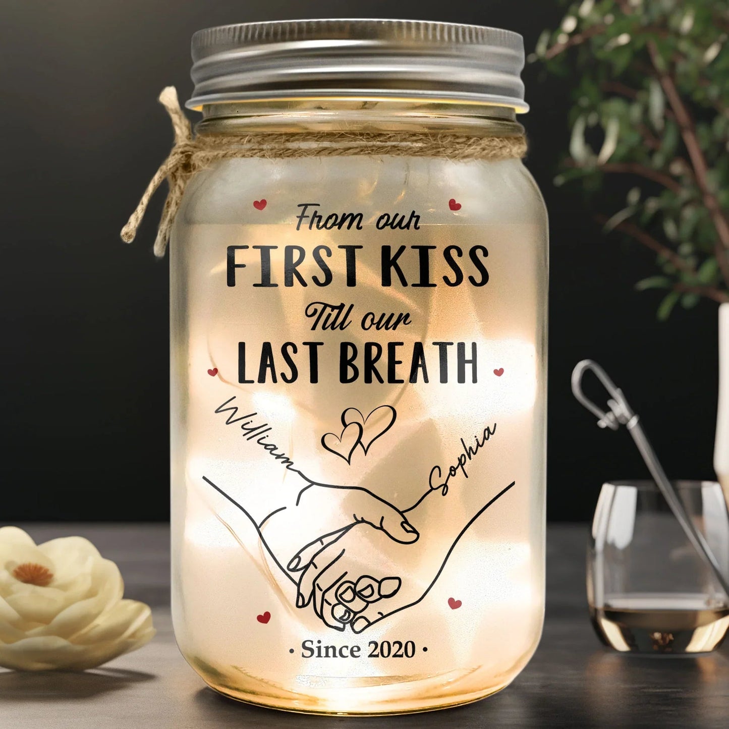 Personalized Glass Mason Jar Light Holding Hands Love Quote Decor - Unique Romantic Gift for Couples