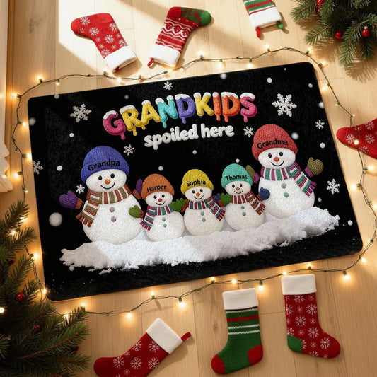 Doormat Personalized Snowman Family for Entryway, Grandkids Spoiled Here, cozy winter look, unique gift for Grandparents