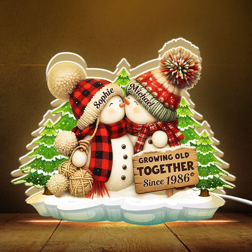 Acrylic Light Box, Snowman Couple Hug in Winter Pines, Warm Glow Decor, Growing Old Together, Unique Gift for Couples