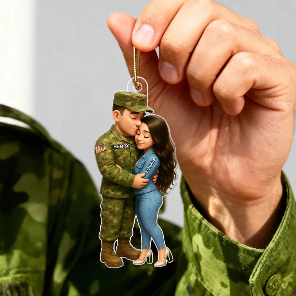 Acrylic Ornament - Custom Military Couple Hugging, Christmas Tree Decor, tender keepsake, a unique gift for Couples, Him or Her