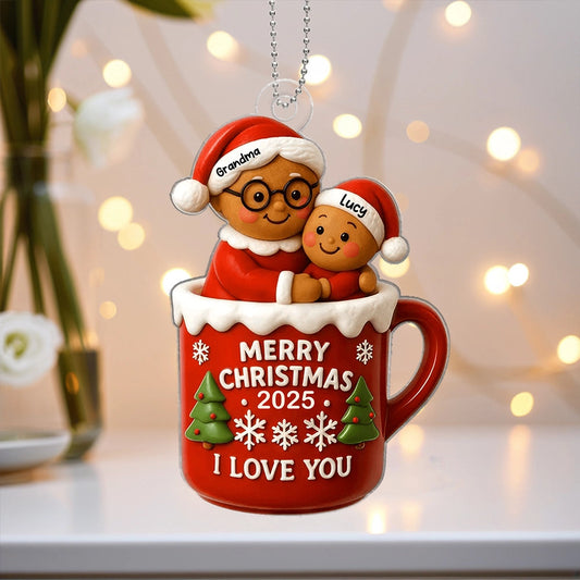 Acrylic Ornament with Grandma and Child in Red Christmas Mug, Festive Holiday Décor and Perfect Gift for Family