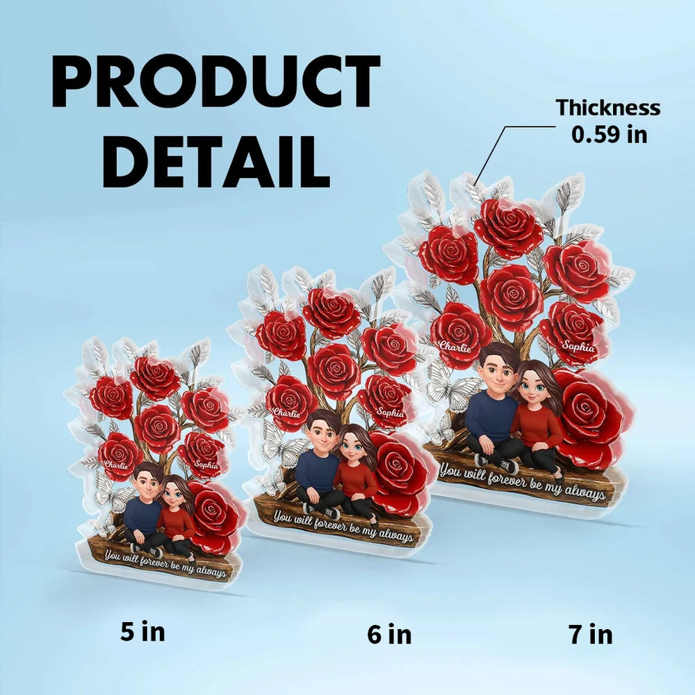 Personalized Shaped Acrylic Block Plaque with Red Rose Tree Couple Sitting Together, Unique Romantic Gift