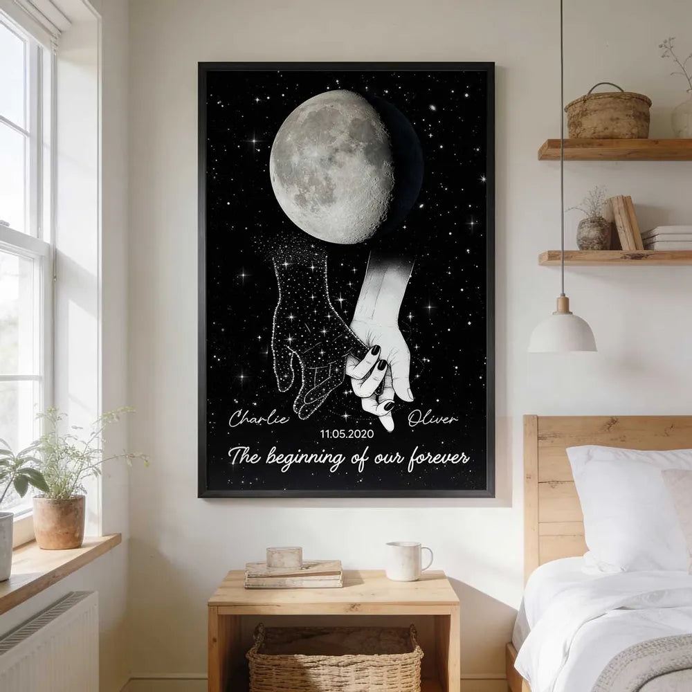 Personalized Moon Phase Couple Holding Hands Poster, Starry Night Wall Art, Unique Romantic Gift for Couple
