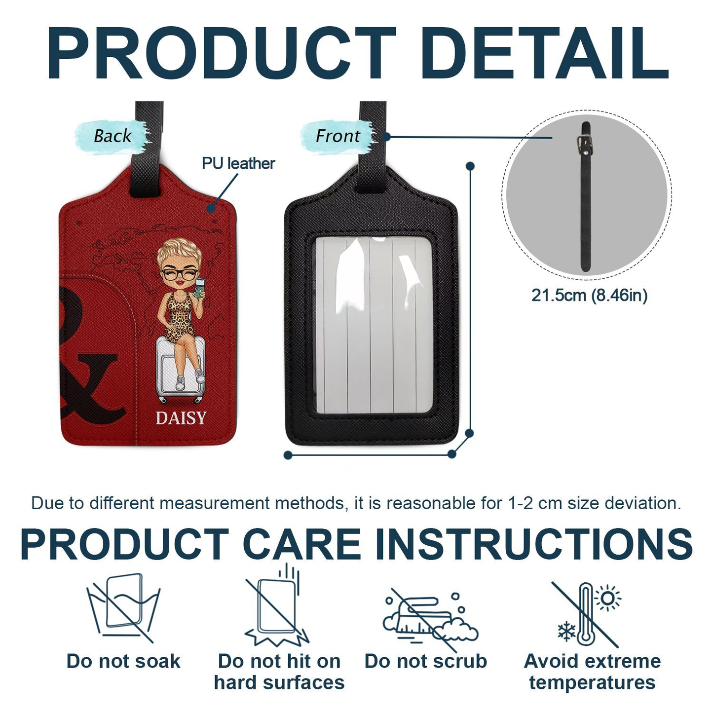 Leather Luggage Tag Set of 2, Personalized for Couples, cartoon couple on suitcase, easy to spot, a unique gift for travelers
