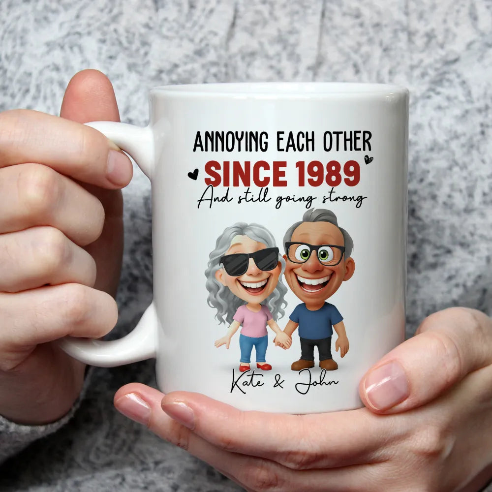 Personalized Ceramic Mug With Funny Couple Cartoon Annoying Each Other Since Custom Gift For Husband Or Wife