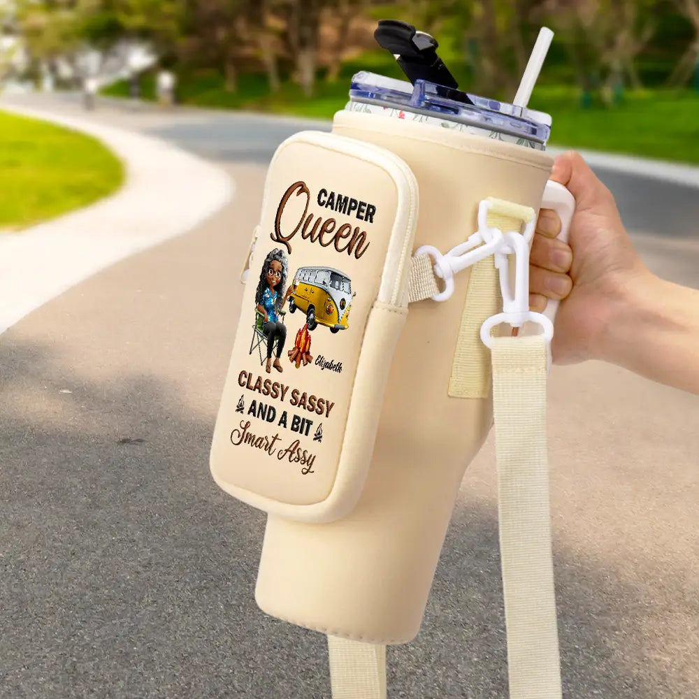 Water Bottle Carrier Bag – CAMPER Queen, “Classy Sassy and a Bit Smart Assy” Gift for Self, Girlfriend, or Daughter