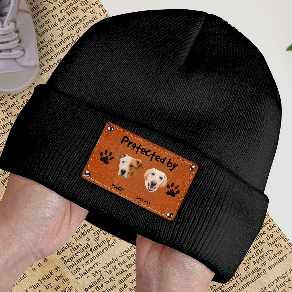 Leather Patch Beanie Hat with Funny Dog Prints, Cozy Gift