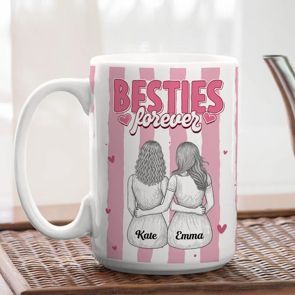 Besties Forever Ceramic Mug, Personalized Coffee Mug for Best Friend or Sister, Sweet Hug Illustration Unique Gift