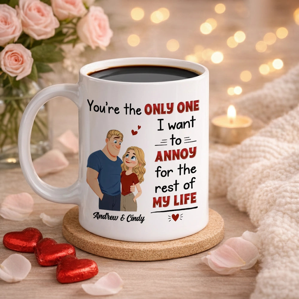 Personalized White Ceramic Mug with Cute Couple Illustration Funny Annoying Love Quote Unique Gift for Couples