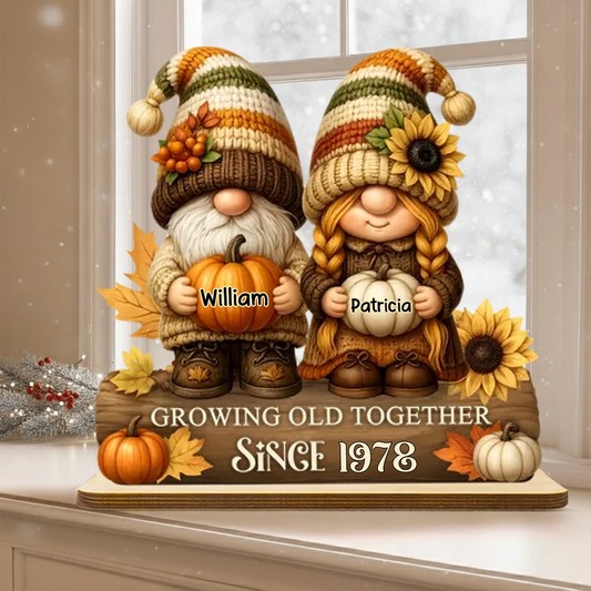 Gnome Couple Wooden Plaque, Customizable Fall Pumpkins and Sunflowers, Romantic Keepsake for Home, Unique Couple Gift