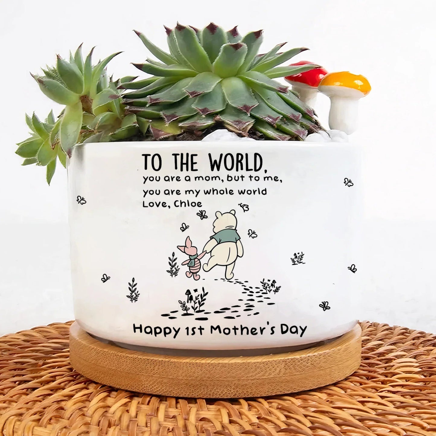 Ceramic Planter with Tray Personalized Gift, Winnie the Pooh Style Mom Quote for Cozy Window Decor, Unique Plant Lover Gift
