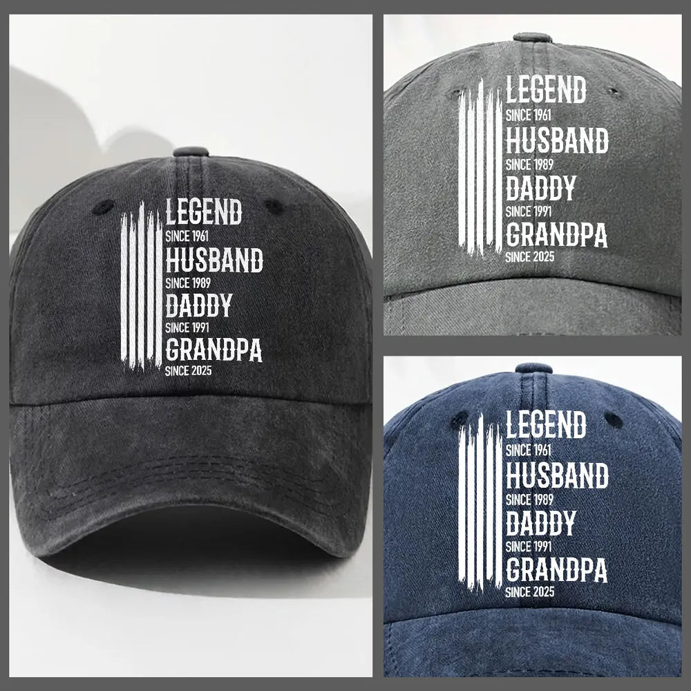 Personalized Washed Denim Baseball Cap 'Legend Husband Daddy Grandpa' Vintage Look Casual Gift for Dad