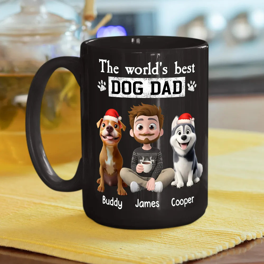 Dog Dad Mug - World's Best design, cartoon man & dog with Santa hat, personalized, creative Christmas gift for Dad