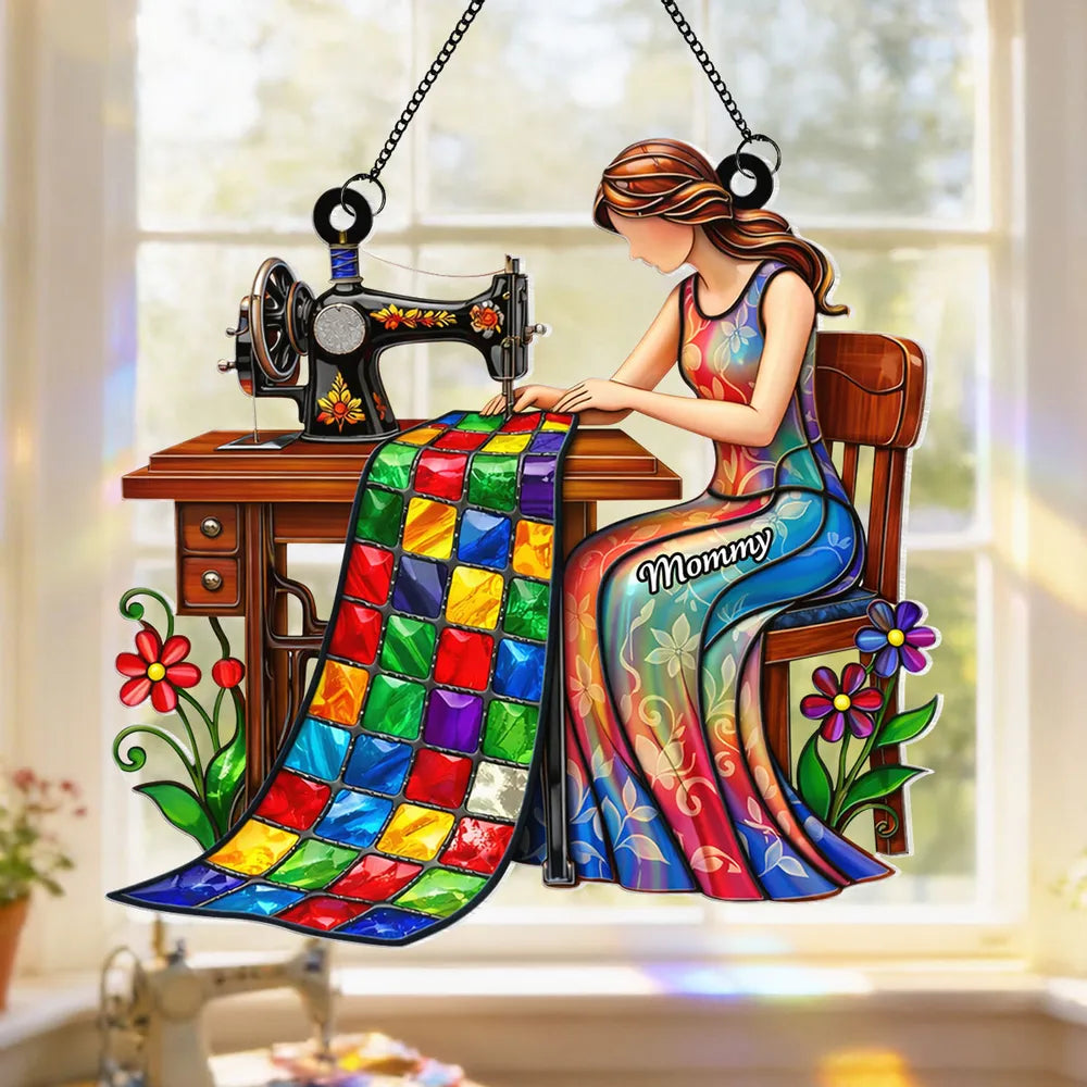 Personalized Mom Sewing Quilt Acrylic Suncatcher Ornament for Window Decor - Sunlight Reflection, Unique Gift for Mom or Grandma