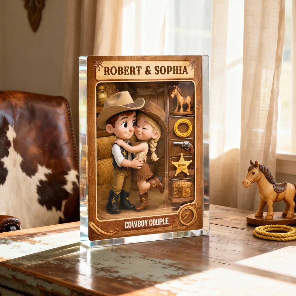 Cowboy Couple Rectangle Acrylic Block Plaque, Western Hugging Couple Keepsake, Unique Gift for Couples for Anniversary