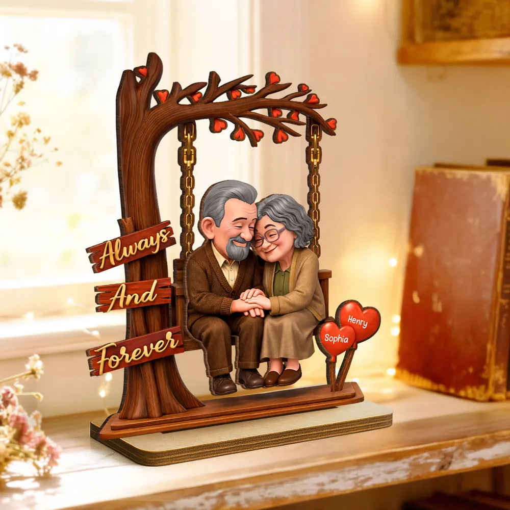 Personalized 2-Layer Wooden Plaque with Elderly Couple Holding Hands Under Heart Tree, Always And Forever Unique Gift