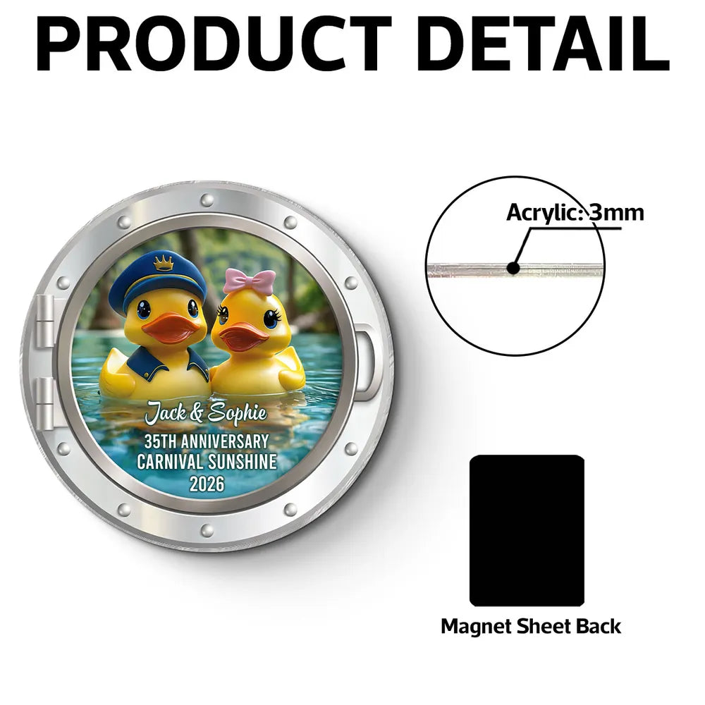 Romantic Personalized Acrylic Magnet of a Rubber Duck Couple on the Water, Sweet Anniversary Cruise Keepsake Gift