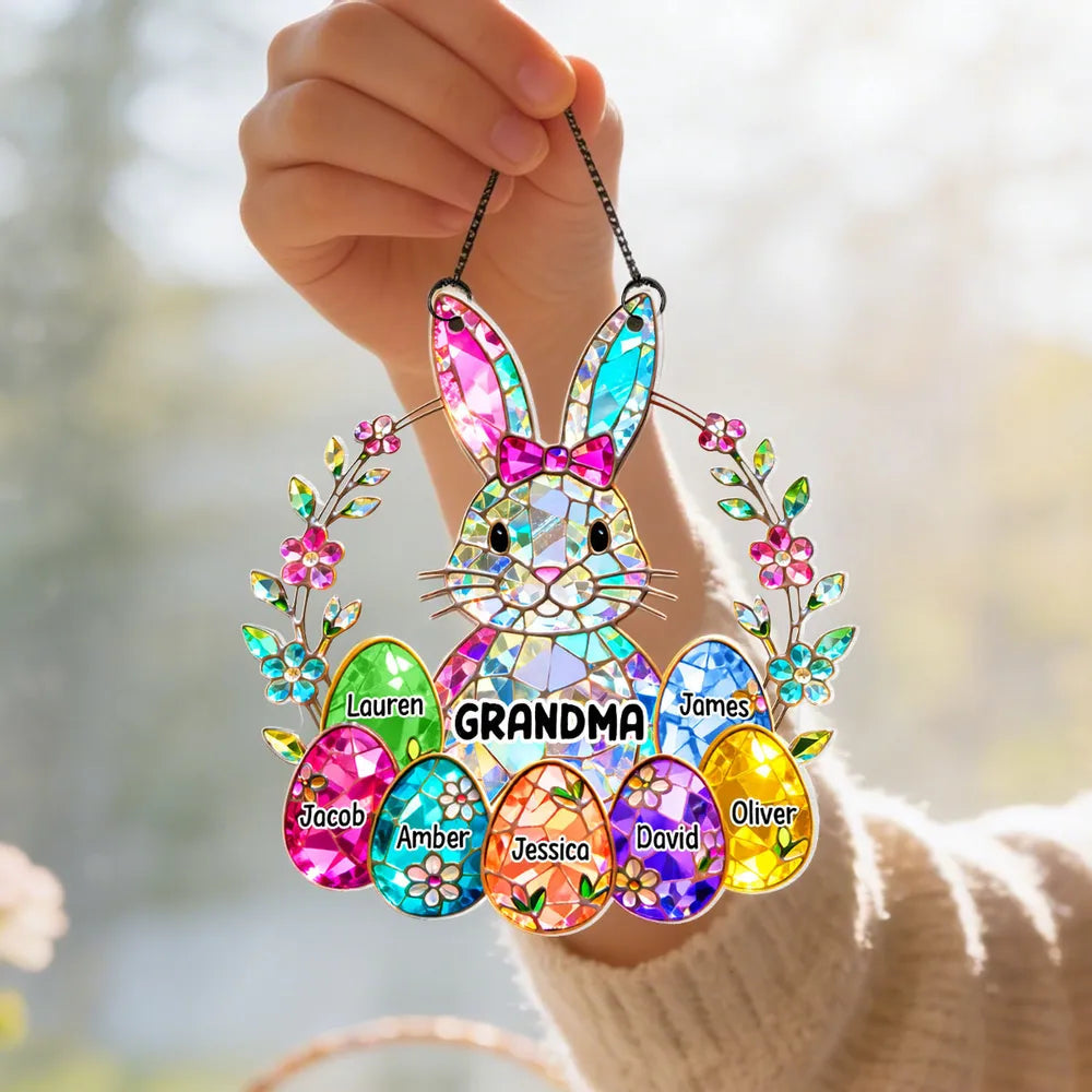 Acrylic Suncatcher Ornament Rainbow Bunny with Floral Wreath for Grandma Sunny Window Decor Unique Gift