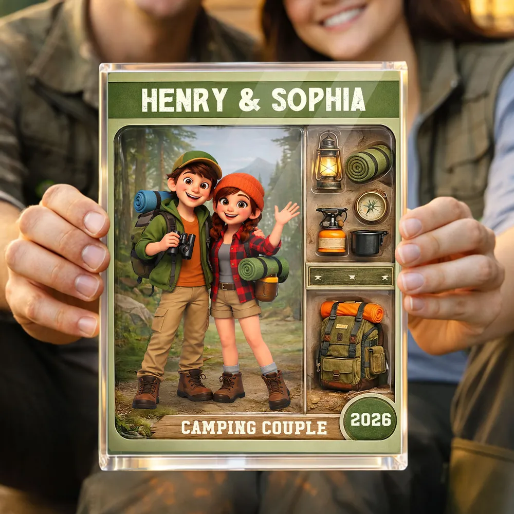Personalized Camping Couple Rectangle Acrylic Block Plaque, Cute Cartoon Hikers Desk Decor, Unique Gift for Couples