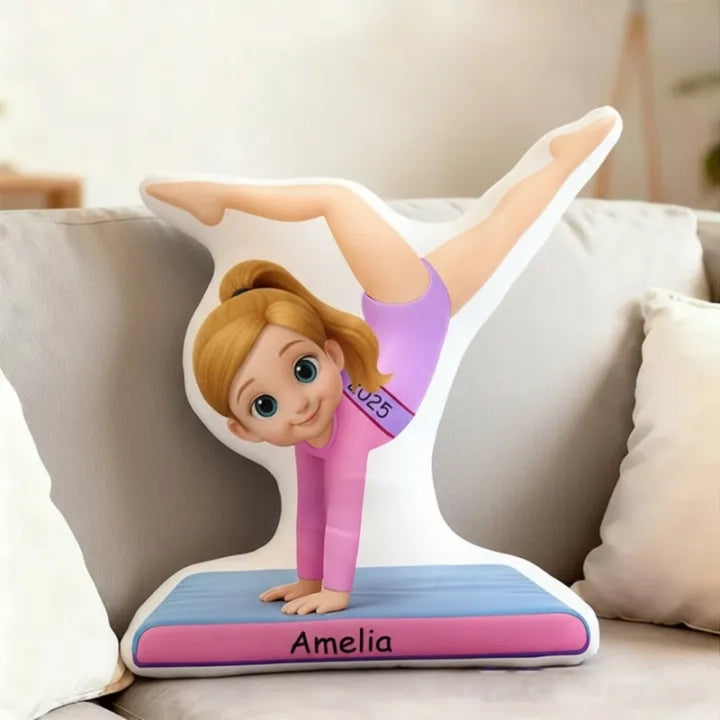 Custom Gymnastics Girl Shaped Pillow with Initial Design – Adorable Kids Shaped Pillow for Bedroom Decor, Cozy Support & Creative Gift Idea
