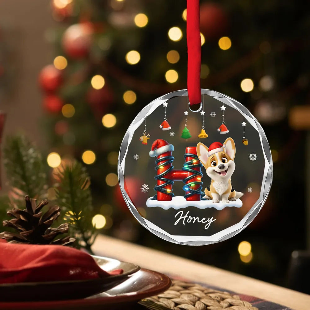 Crystal Ornament - Cute Puppy in Santa Hat, Snowflakes, Personalized Christmas decor, unique gift for dog lovers