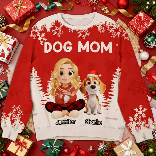 Personalized Dog Mom Printed Sweatshirt with Cartoon Portrait & Puppy, Festive Snowflake Design, Unique Christmas Gift for Pet Lovers
