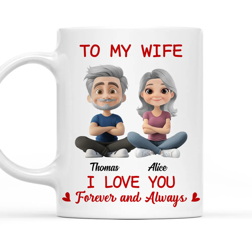 Personalized White Ceramic Mug for Wife, Cute Cartoon Couple Sitting, I Love You Forever and Always Unique Gift