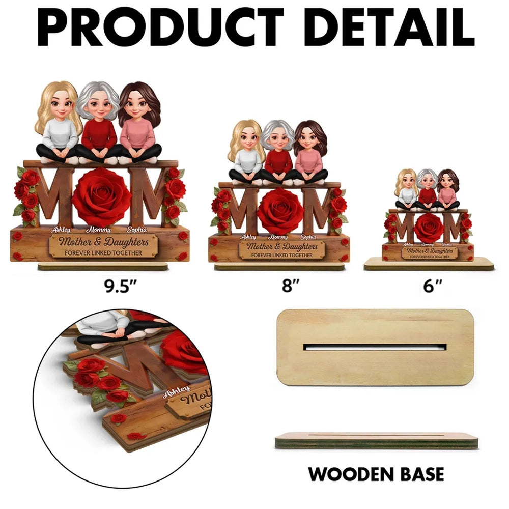 Personalized 2-Layer Wooden Plaque Mom & Daughters Roses Living Room Decor, Unique Gift for Mom