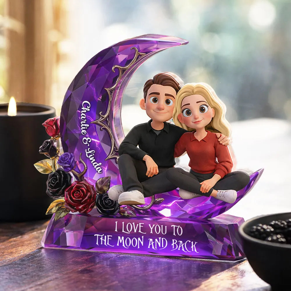 Personalized Shaped Acrylic Block Plaque Moon Couple Decor 'I Love You to the Moon and Back' Unique Romantic Gift