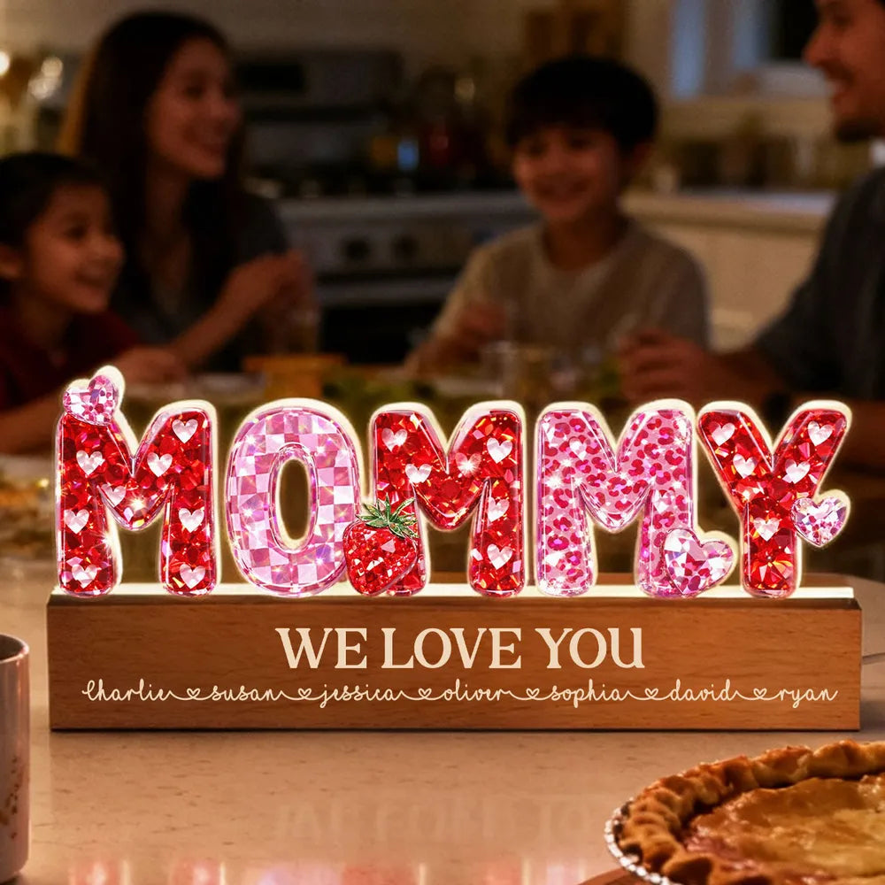 Personalized Shaped Acrylic Block LED Plaque with MOMMY Hearts, Sweet Room Decor, Unique Gift for Mom