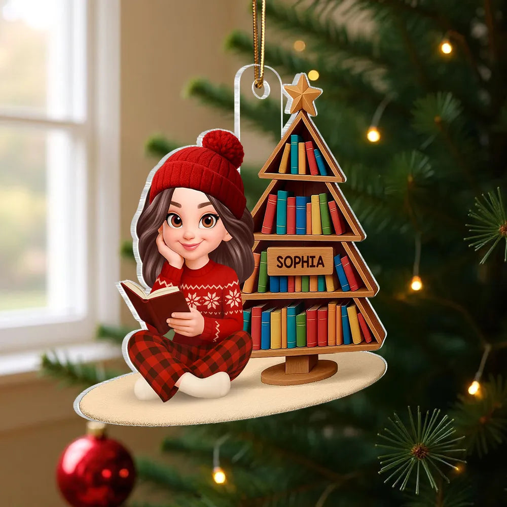 Book Lover Girl Acrylic Ornament – Cozy Holiday Gift for Readers, Festive Tree Decoration