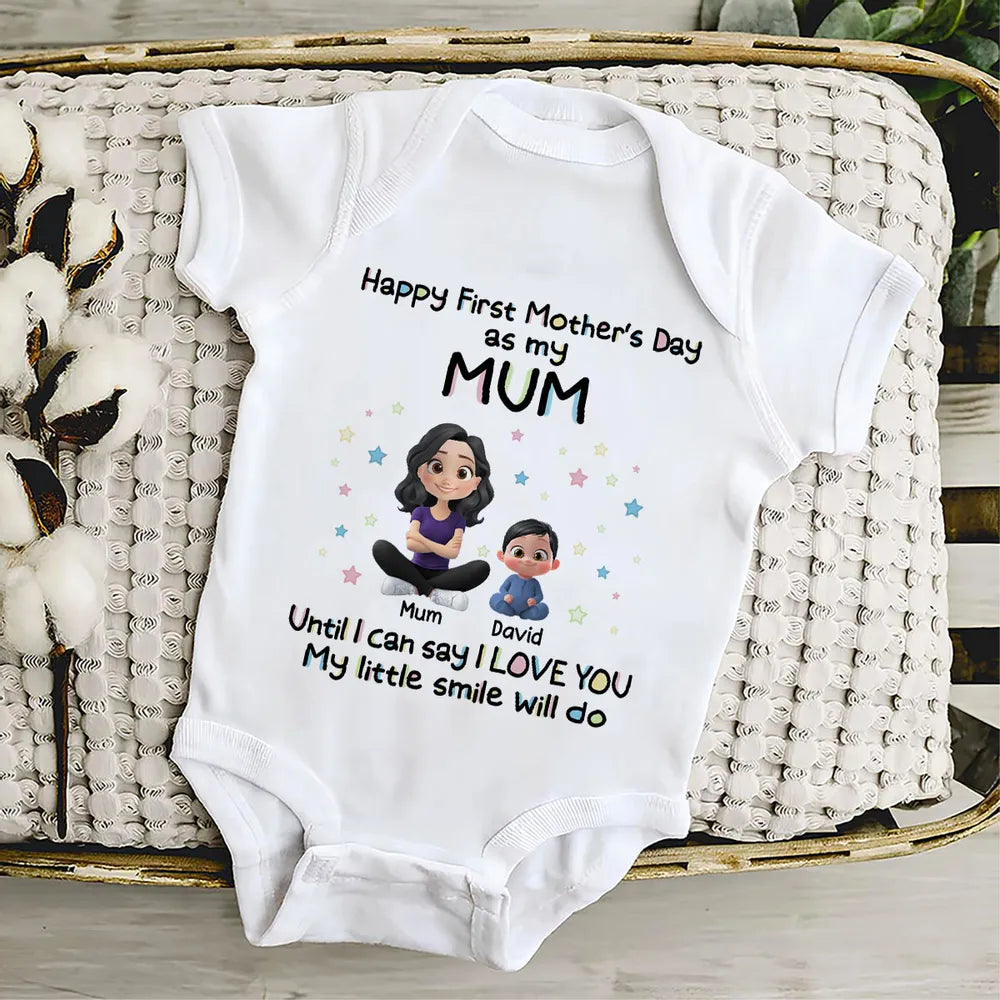 Personalized Short Sleeve Baby Onesie Happy First Mother's Day as My Mom Cute Cartoon Mom & Baby Gift