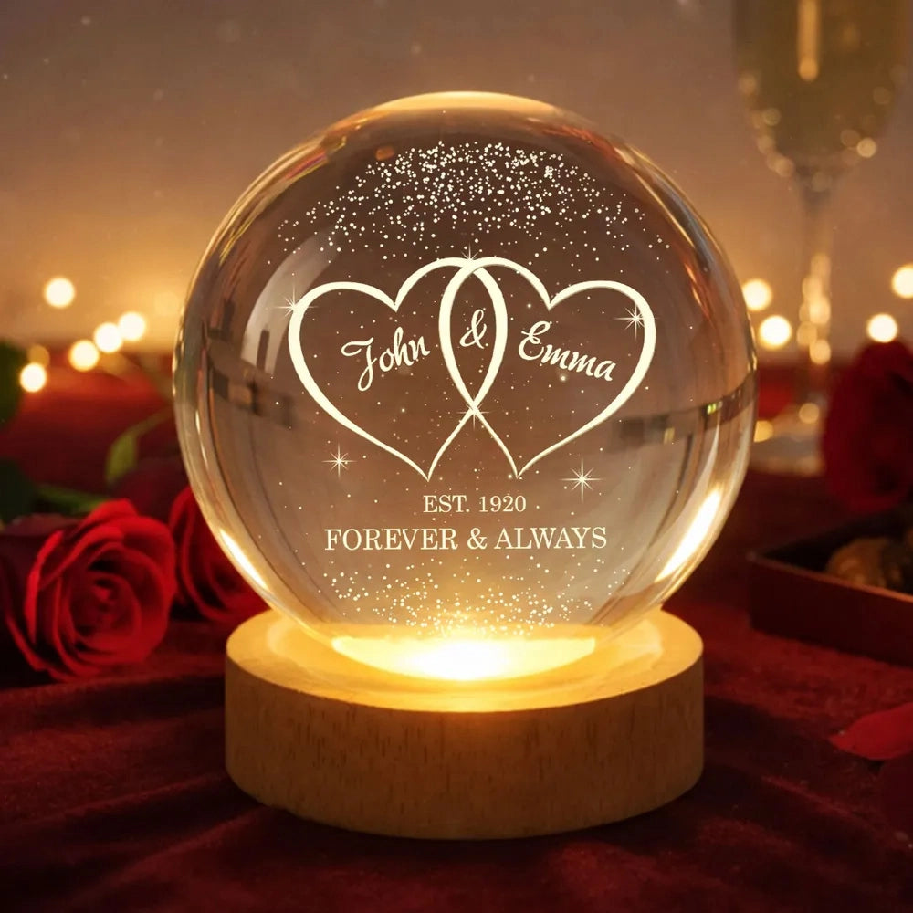 Personalized Globe Lamp with Interlocked Hearts, Romantic Bedside Glow, Unique Couple Gift for Her or Him
