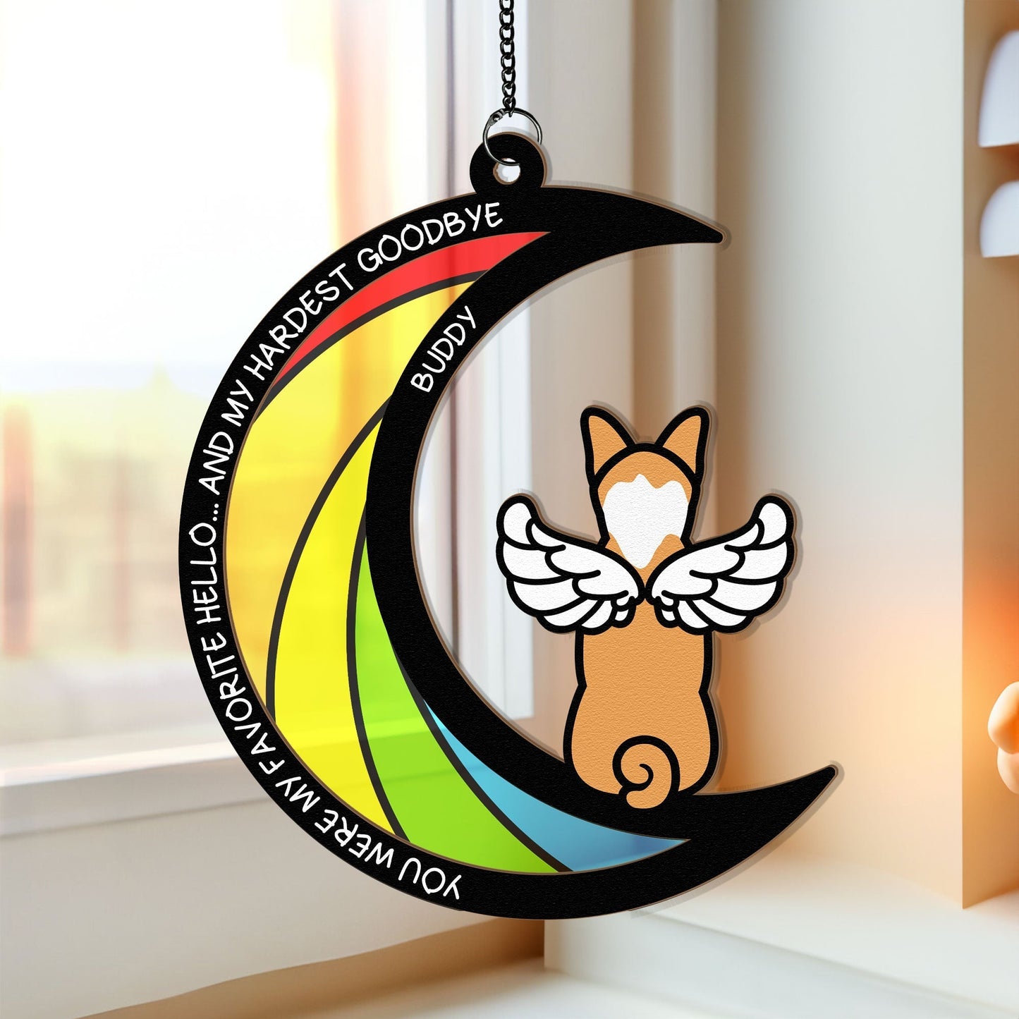 Wood and Acrylic Layered Ornament – Pet Rainbow Bridge Memorial Gift, “You Were My Favorite Hello and My Hardest Goodbye”