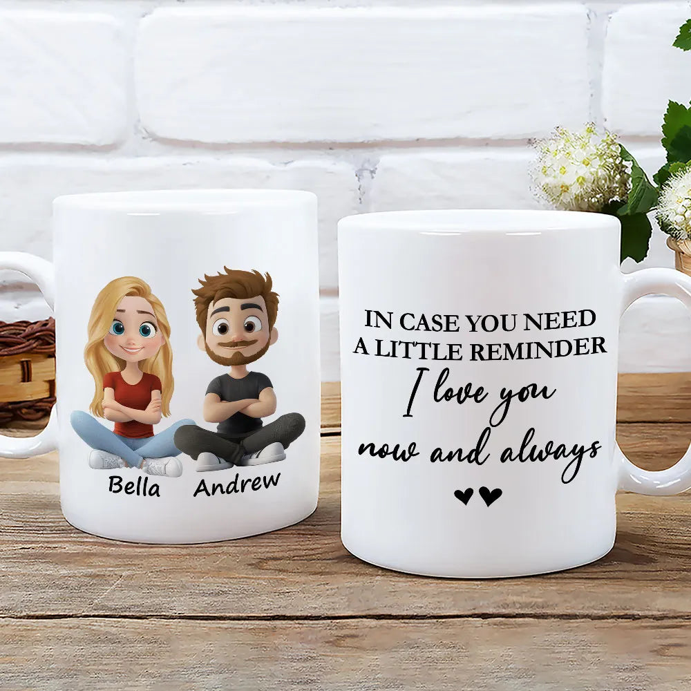 Personalized White Ceramic Mug With Cute Couple Cartoon and I love you now and always - Unique Gift for Girlfriend or Wife