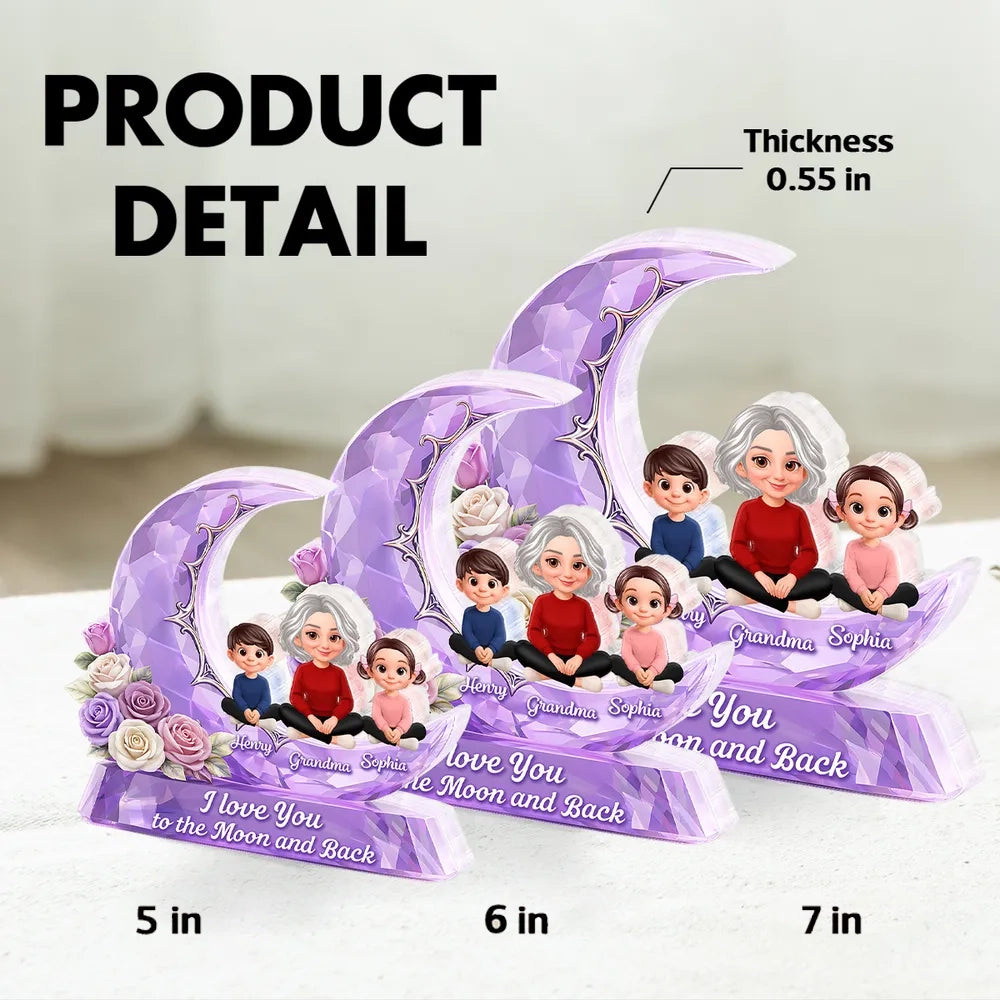 Personalized Shaped Acrylic Block Plaque with Grandma and Grandkids on a Purple Moon, Unique Gift for Grandma, I Love You to the Moon and Back
