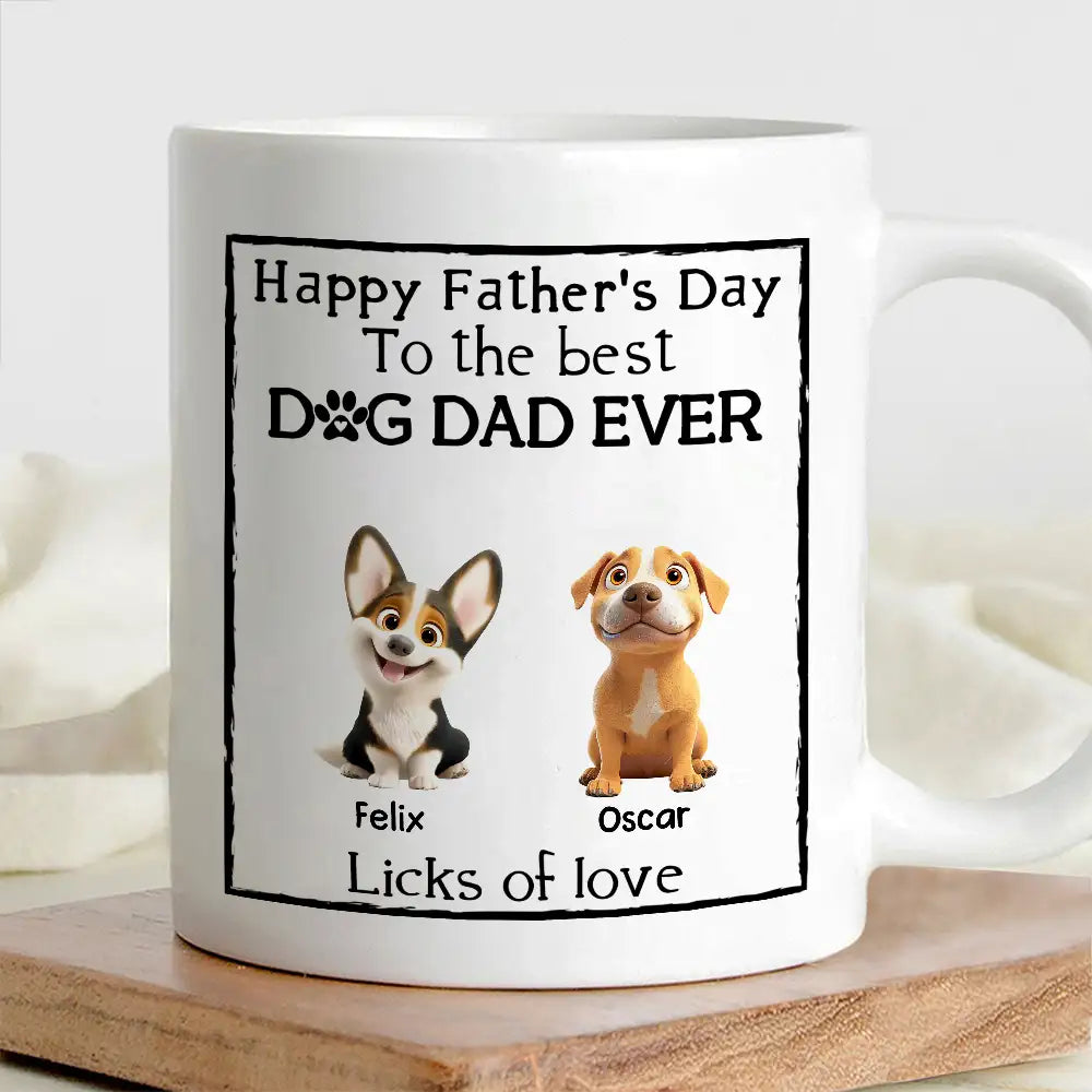 Happy Father’s Day Mug – Cartoon Dogs Sitting Together with Licks of Love – Personalized Gift for Dog Dads