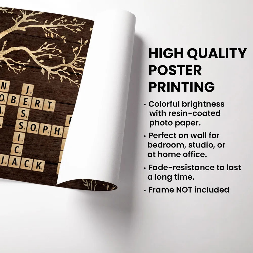 Custom Family Tree Poster with Name Crossword, Warm Wall Art Keepsake, Meaningful Housewarming or Christmas Gift