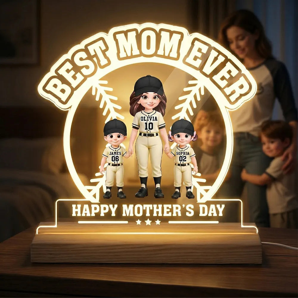 Block LED Light Plaque with Warm Glow, Custom Mom and Kids Baseball Scene, Sweet Bedside Gift for Mom