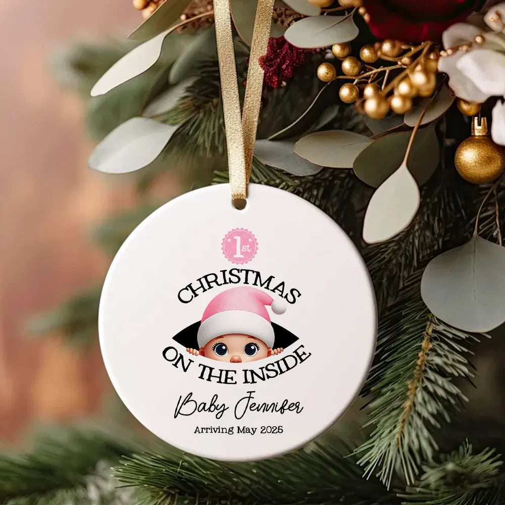 Personalized Christmas Ceramic Ornament for Expecting Parents, Baby Peeking Design, Unique Holiday Keepsake Gift