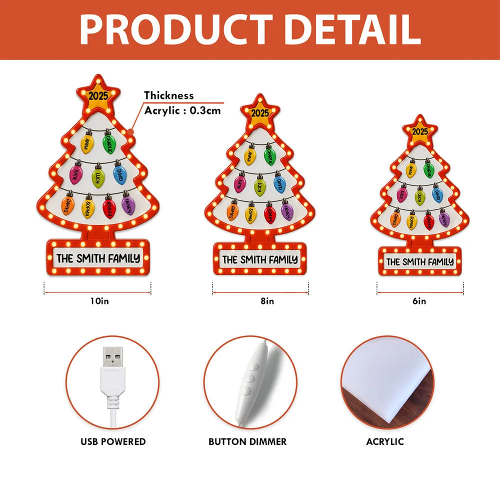 Family Christmas Tree Acrylic Light Box – Personalized Holiday Gift, Festive Home Decoration
