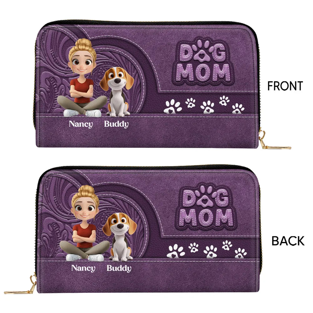 Custom Leather Long Wallet for Dog Moms – Adorable Pet Illustration with Name Personalization