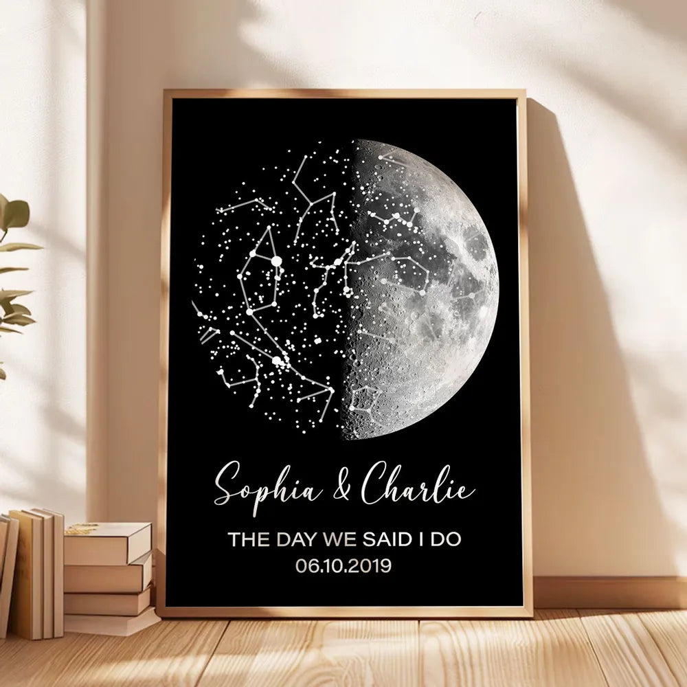 Personalized Moon Phase Star Map Poster for a Couple, Night Sky Wall Art, Unique Romantic Gift for Anniversary or Wedding