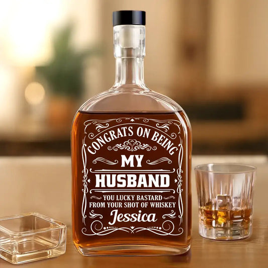 Whiskey Glass Spirits Decanter with Funny Engraved Design, Unique Gift for Husband
