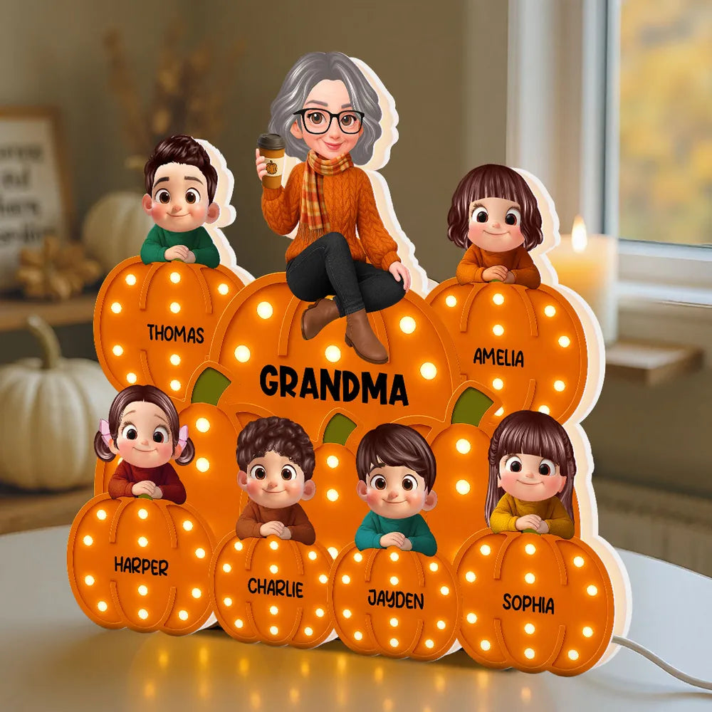 Personalized Acrylic Light Box for Grandma and Grandkids, pumpkin stack design, warm glow, fall décor keepsake, perfect gift for Halloween and Thanksgiving